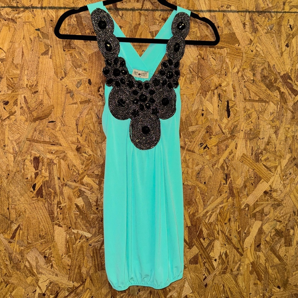 NWT Y2K Jeweled Neckline Teal Tunic Tank Top Boho Party Beachy Vaca USA Made S